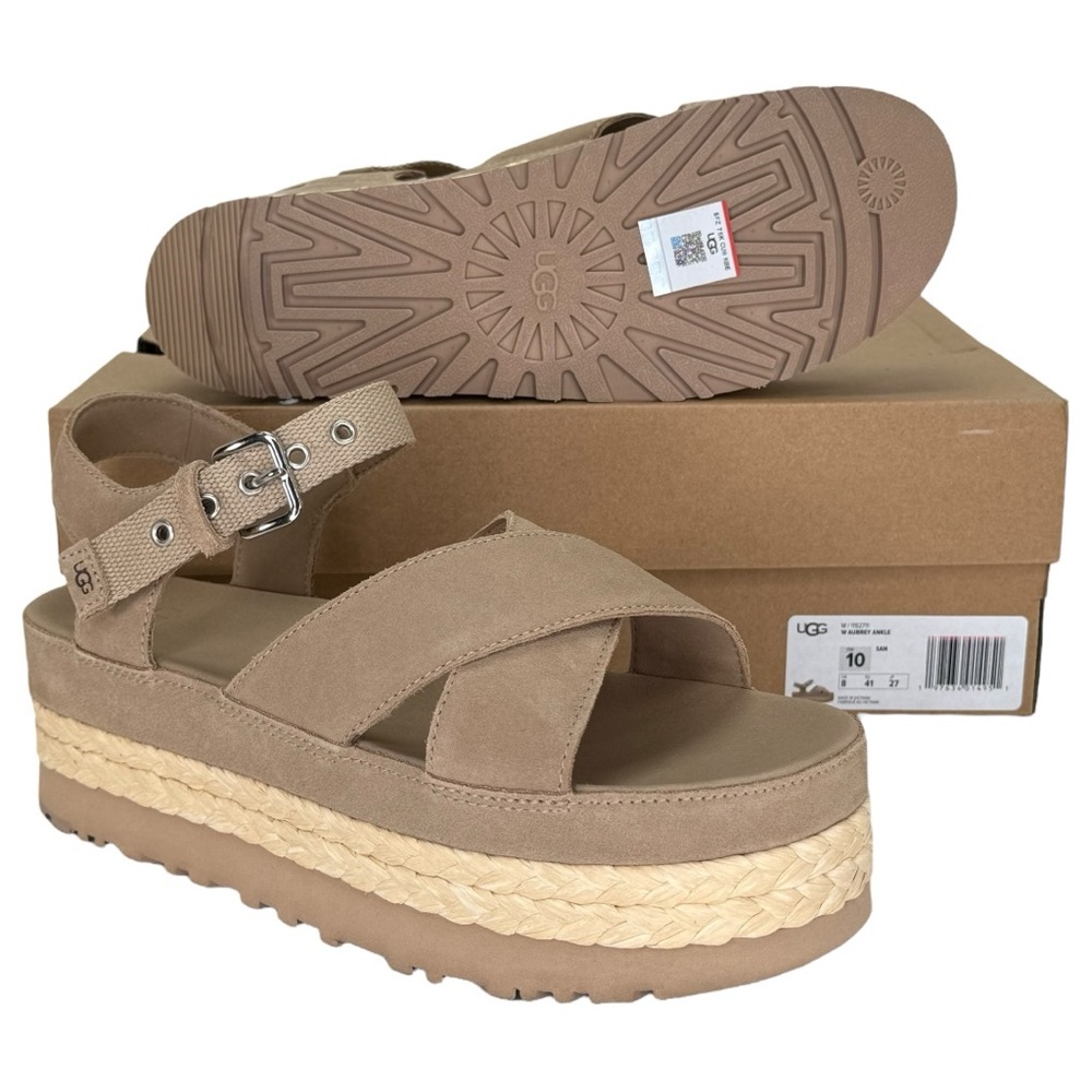 UGG Aubrey Tan Leather Womens Platform Sandals Size 10M - Picture 13 of 14